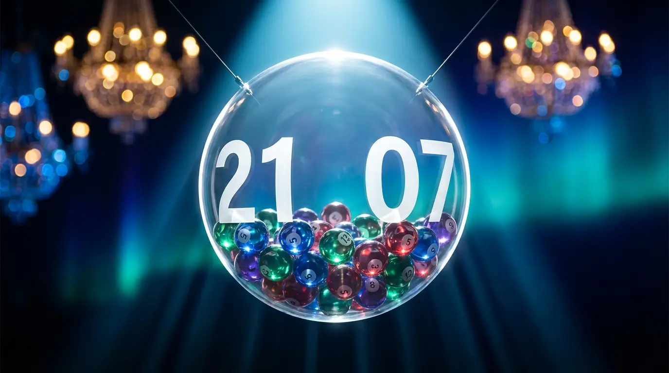 Mega Ball lottery sphere with numbered balls inside under spotlight