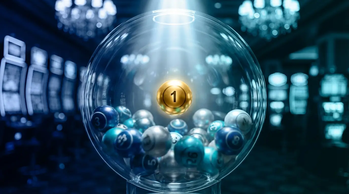 Mega Ball lottery balls in transparent tumbler with dramatic lighting