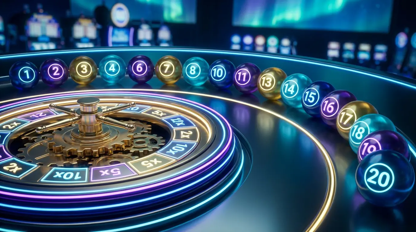 Casino multiplier wheel with numbered balls and neon lighting