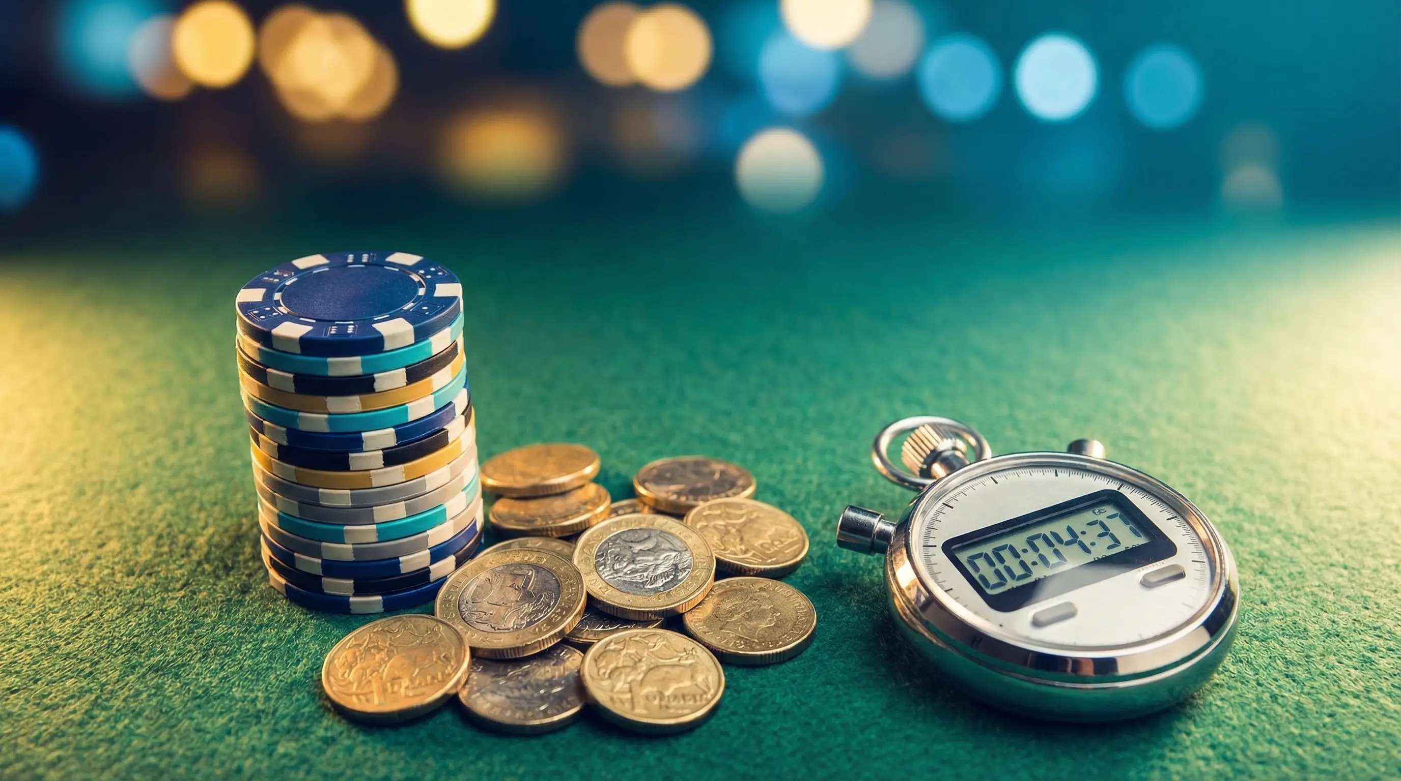 Casino chips and coins with stopwatch showing speed of withdrawal