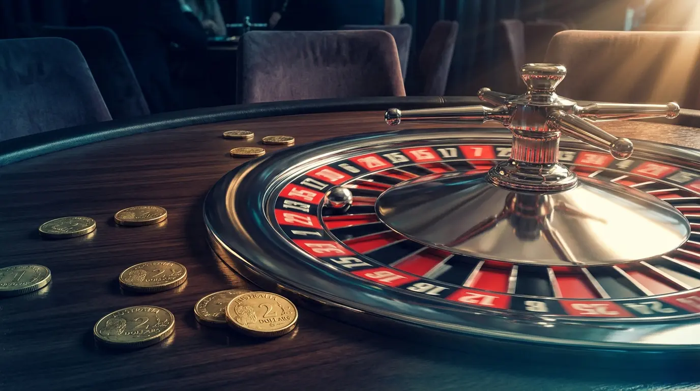 Spinning roulette wheel with Australian gold coins on casino table