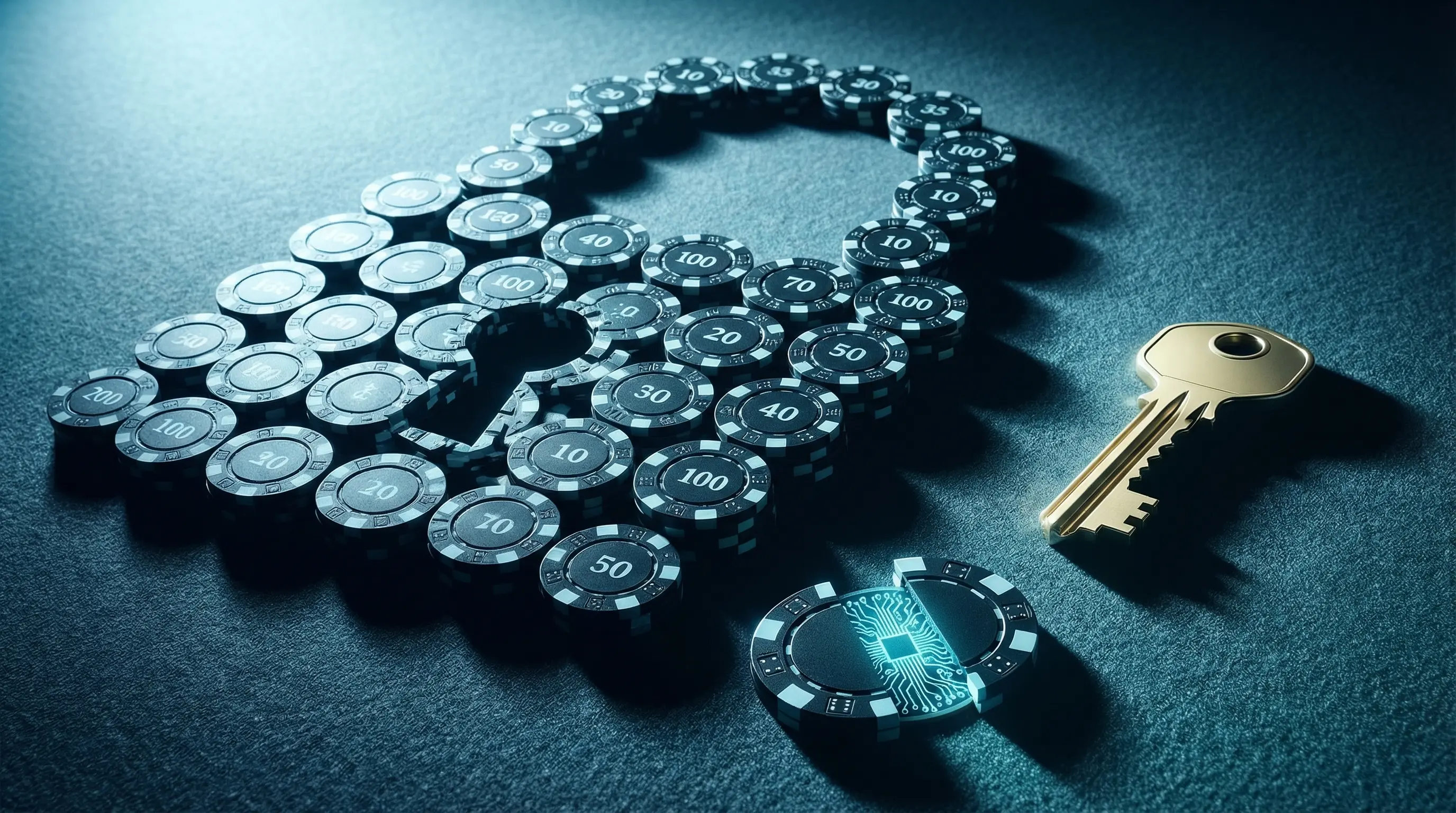 Casino chips forming padlock with key showing security concept