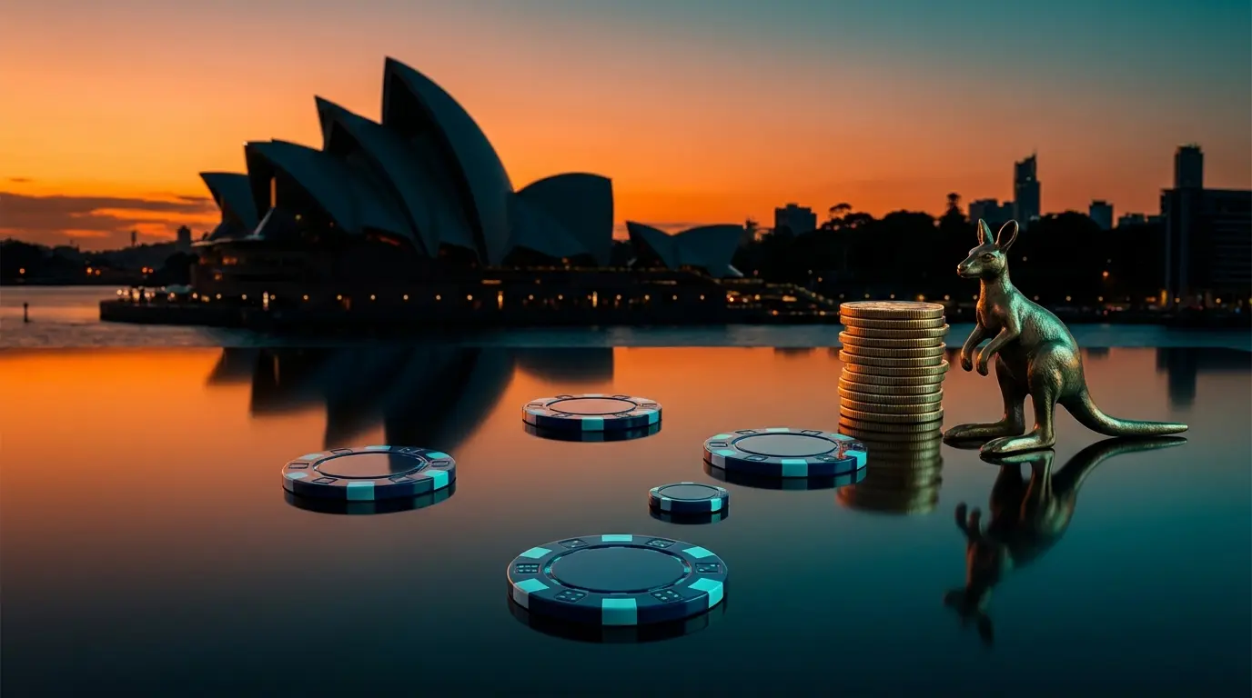 Sydney landmarks reflected in casino chips with Australian themed elements