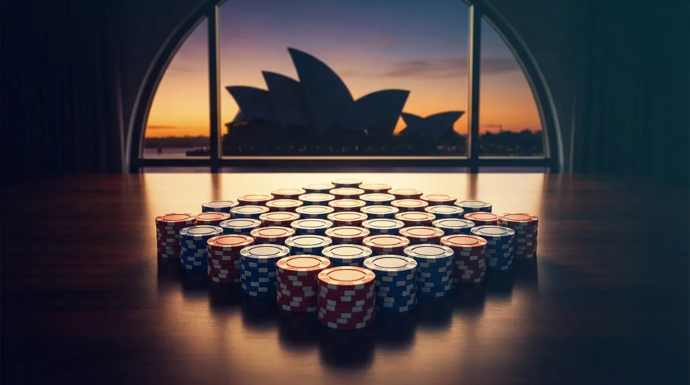 Stacked casino chips with Sydney Opera House silhouette at sunset