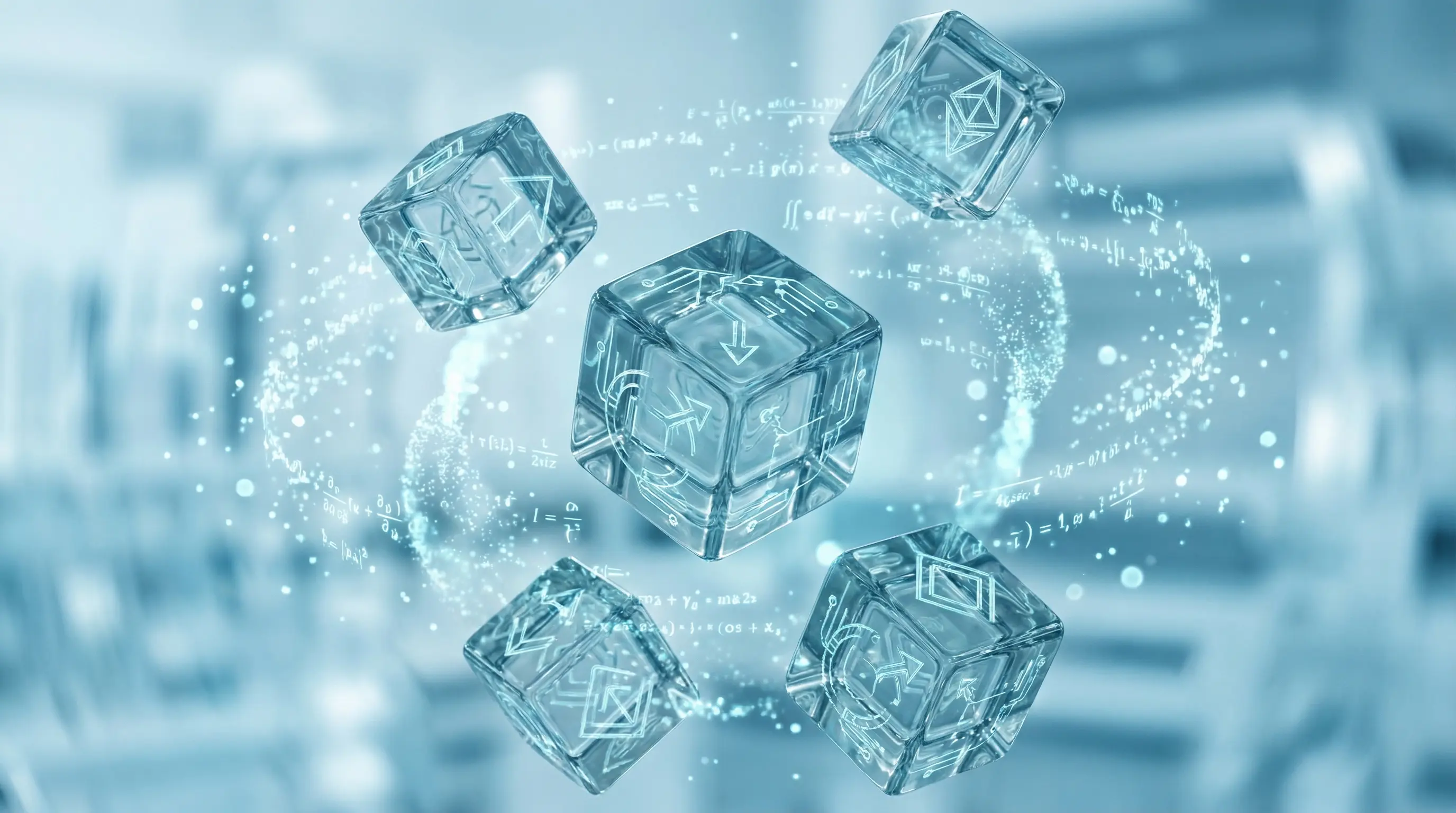 Transparent dice with cryptographic symbols floating in clean light