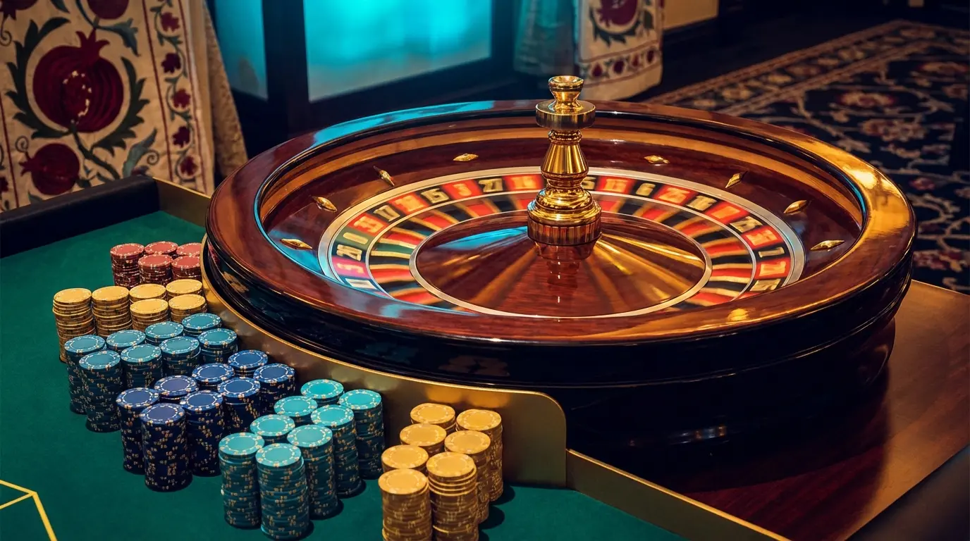 Roulette wheel and casino chips with Azerbaijani cultural elements