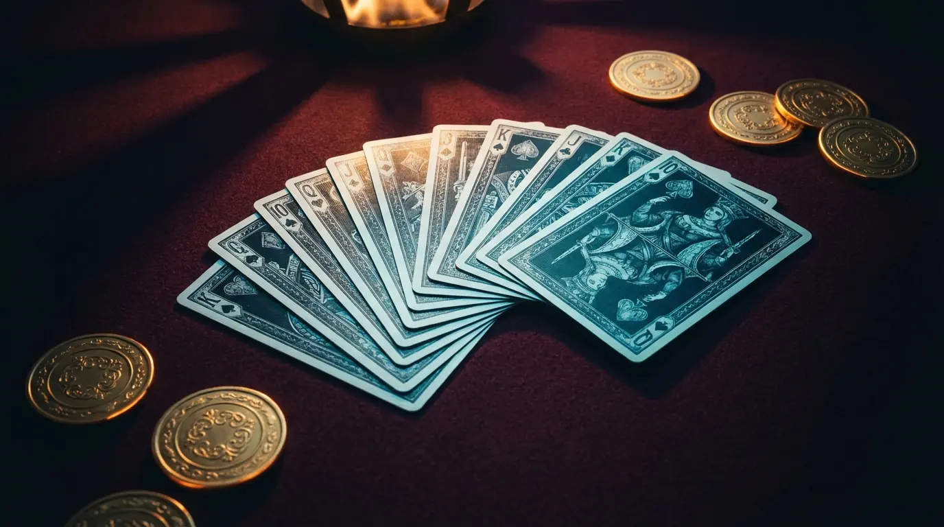Casino cards and chips with golden lighting and cultural motifs