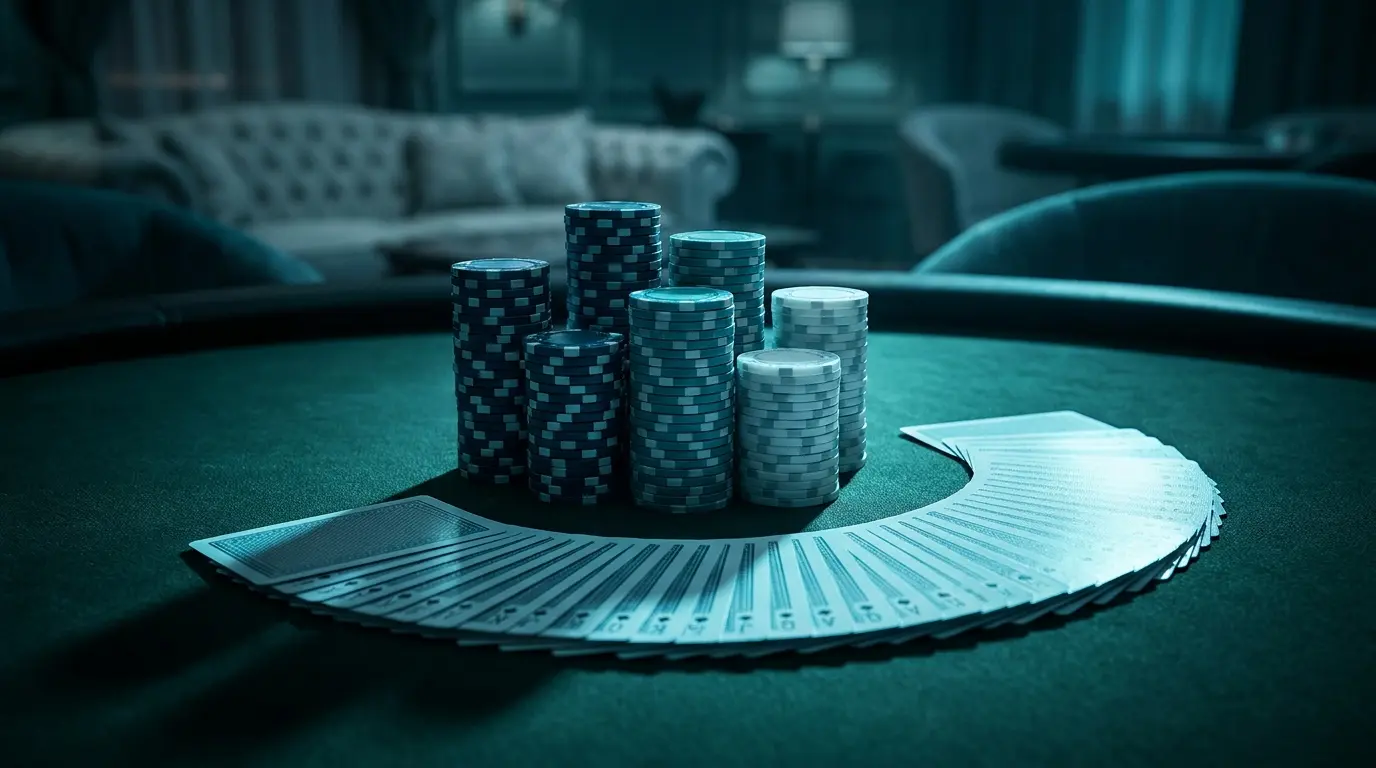 Poker fişləri və oyun kartları yaşıl stolda