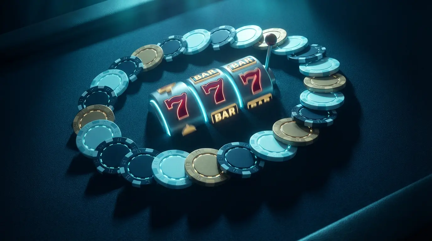 Strateji düzümdə fişlər və slot simvolları