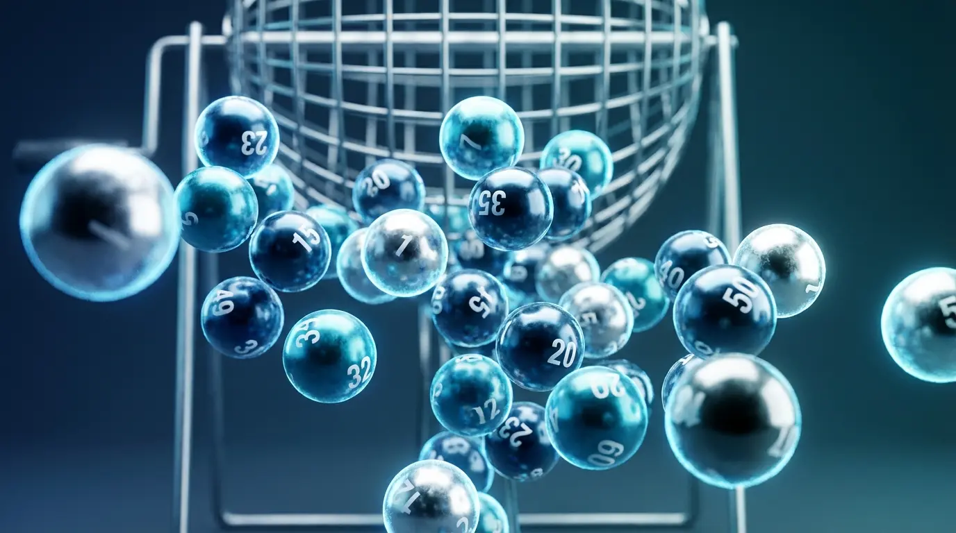 Numbered lottery balls tumbling in dynamic motion