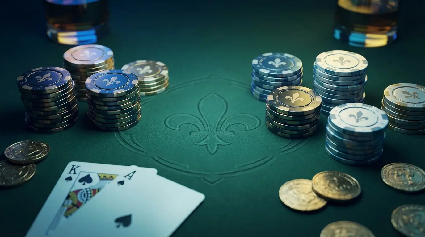 Casino chips and cards on felt table with Bosnian motifs
