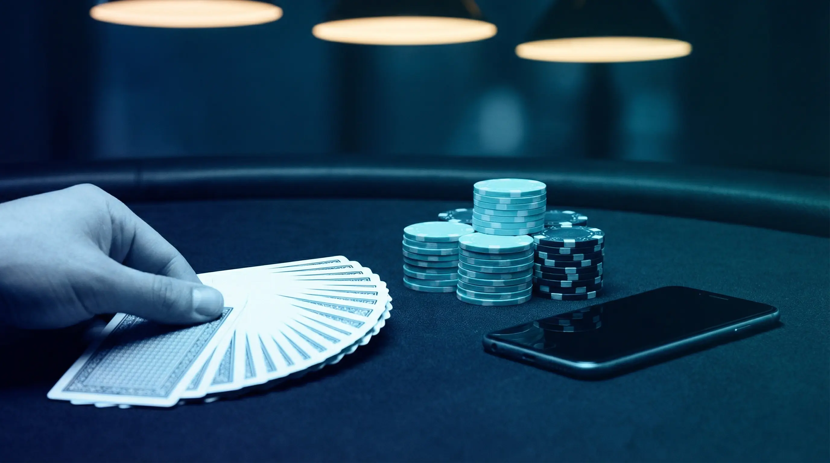 Karte i poker žetoni na stolu sa mobilnim telefonom
