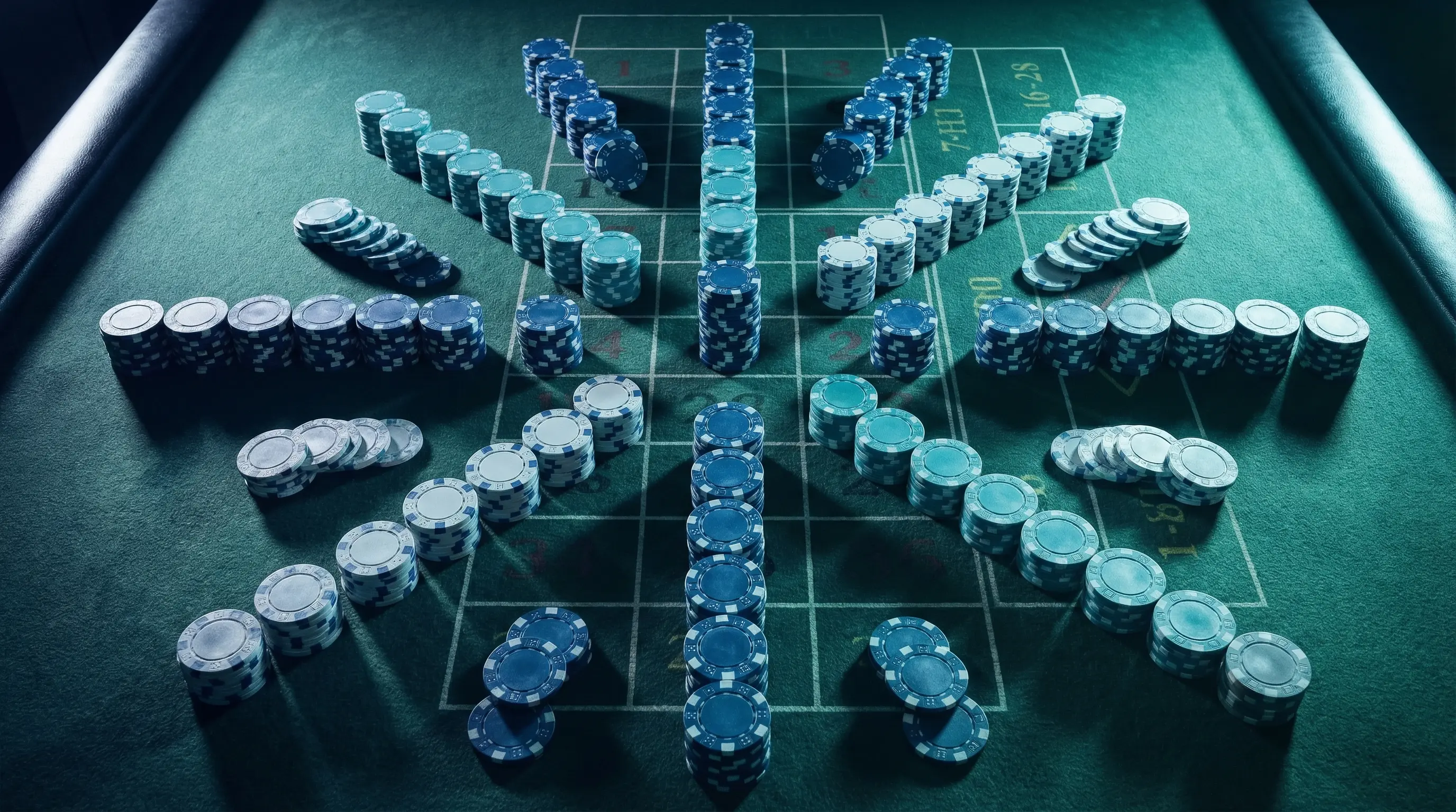 Strategijski raspoređeni čipovi na zelenoj podlozi ruleta