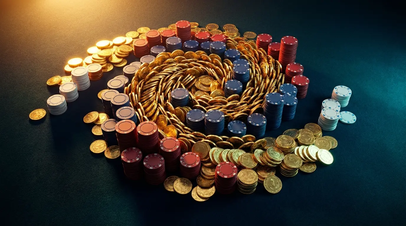 Overhead spiral arrangement of gold coins and casino chips