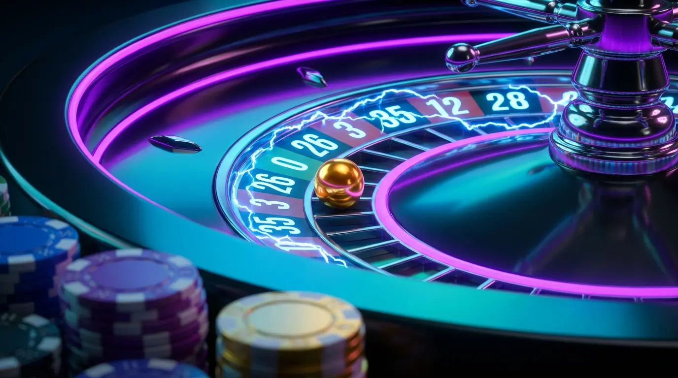 Roulette wheel with lightning effects and casino chips closeup