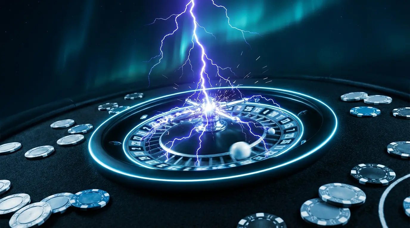 Lightning striking roulette wheel with electric energy and chips