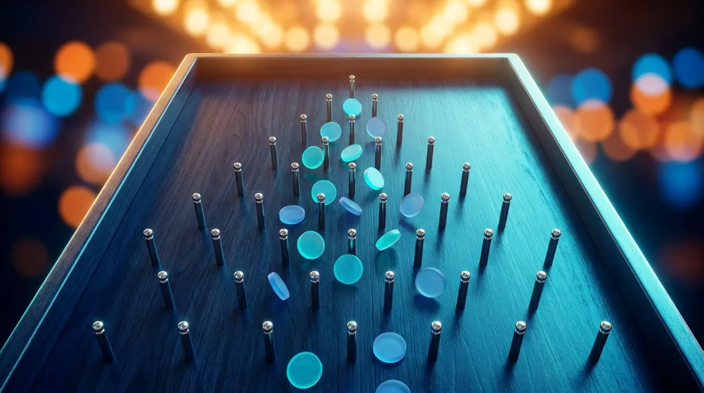 Plinko tabla sa diskovima koji padaju kroz klinove