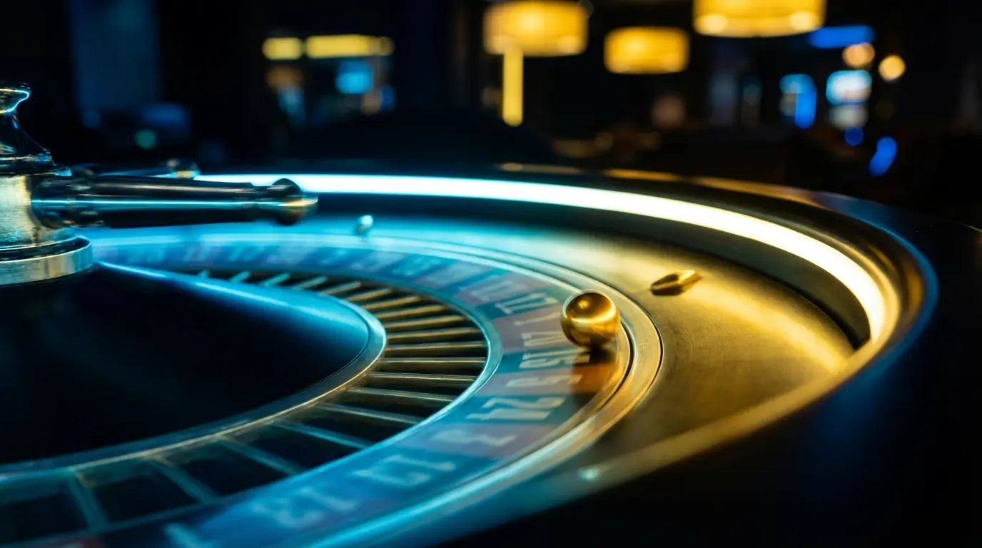 Spinning roulette wheel in blue and yellow lighting