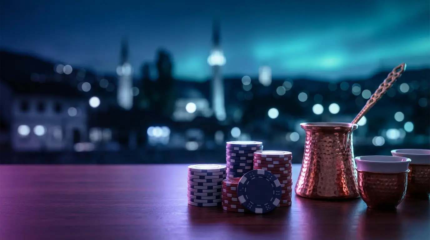 Poker chips with Sarajevo skyline and traditional coffee set
