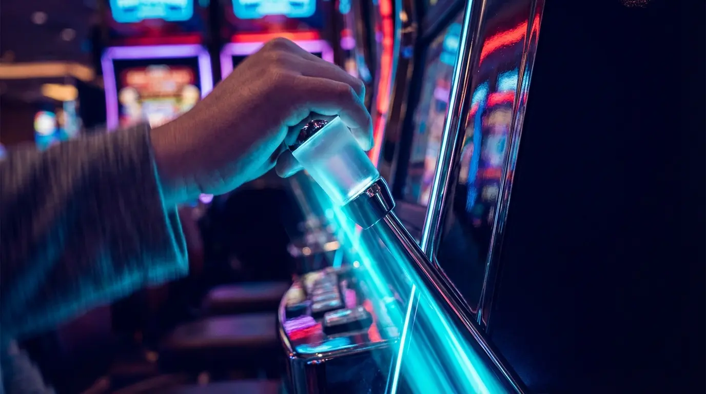 Hand pulling illuminated slot machine lever with neon glow