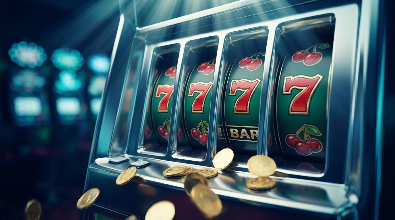 Slot machine reels with lucky symbols and cascading gold coins