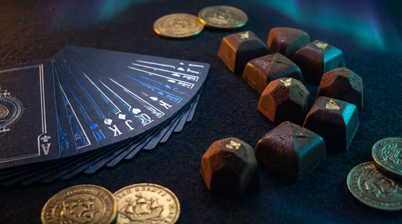 Casino cards with Belgian chocolates and gold coins