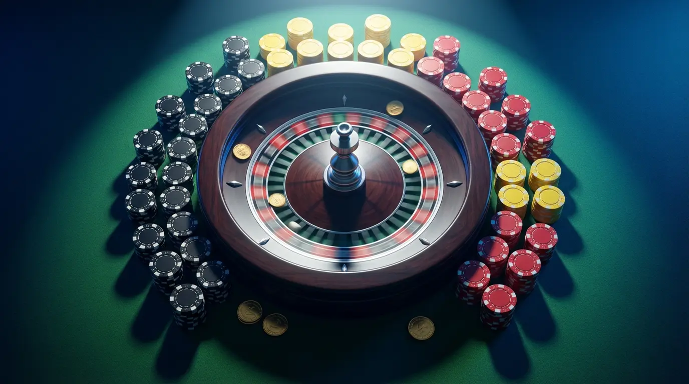 Roulette wheel with Belgian-colored chips on casino felt