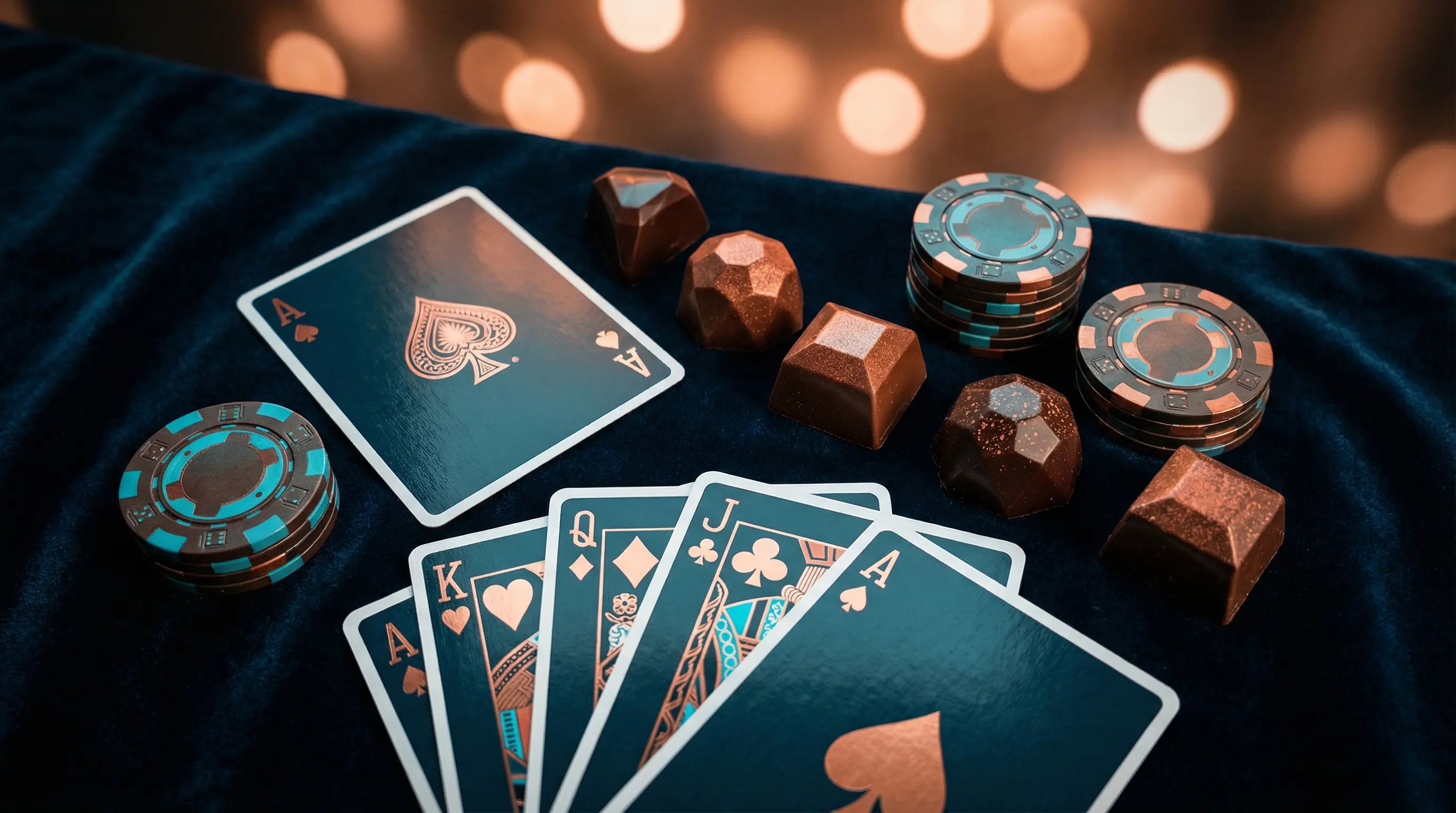 Cartes à jouer et chocolats belges avec jetons de casino
