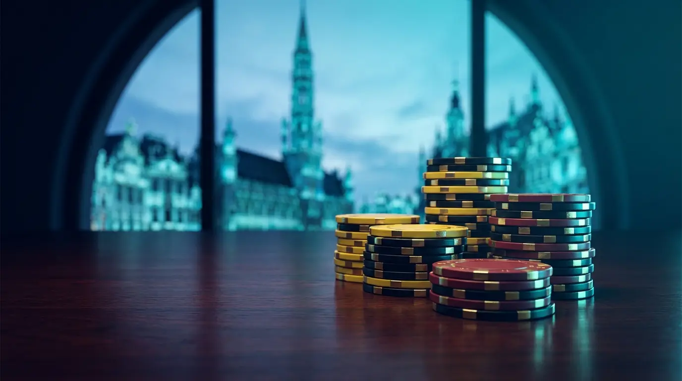 Poker chips in Belgian colors with Brussels backdrop