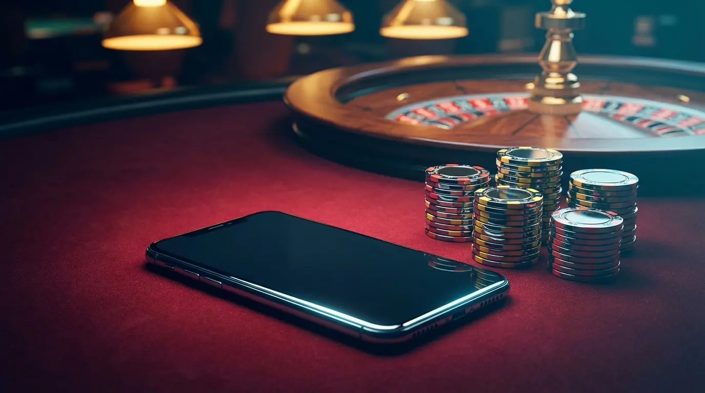 Mobile phone with casino chips on gaming table