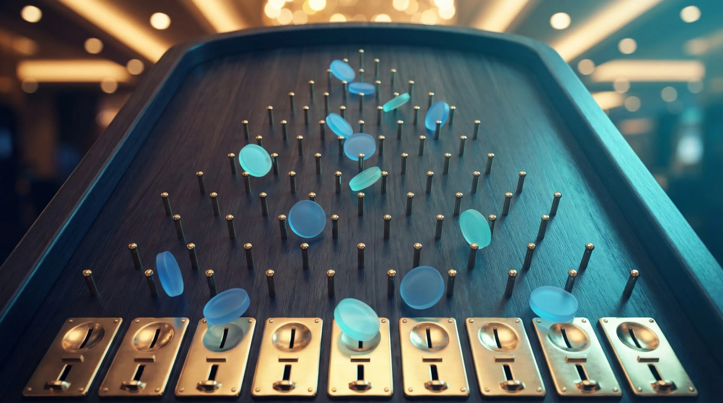 Plateau Plinko avec disques colorés tombant entre les chevilles
