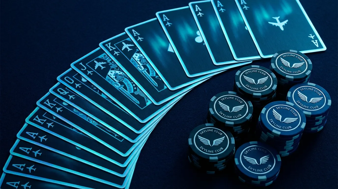 Aviation-themed playing cards and casino chips arrangement