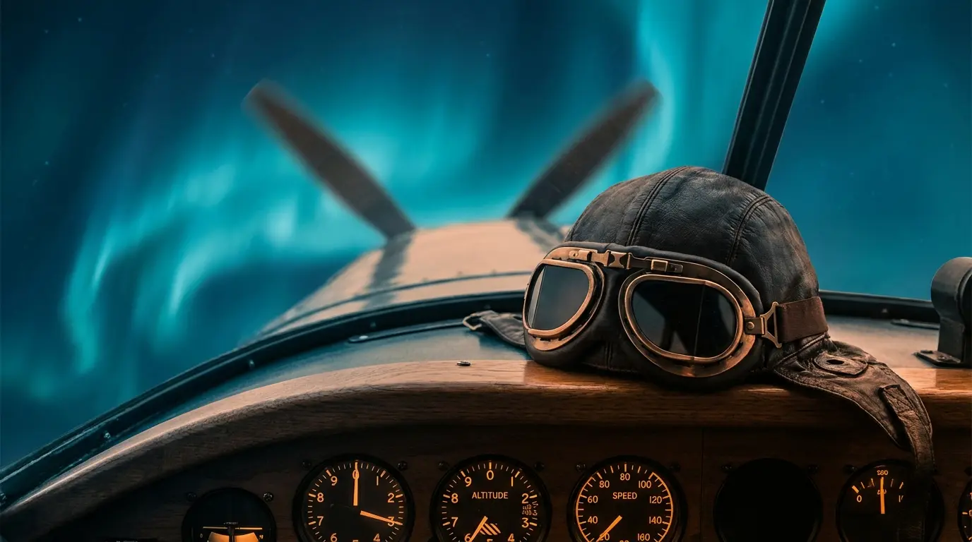 Aviator helmet and goggles on vintage aircraft dashboard