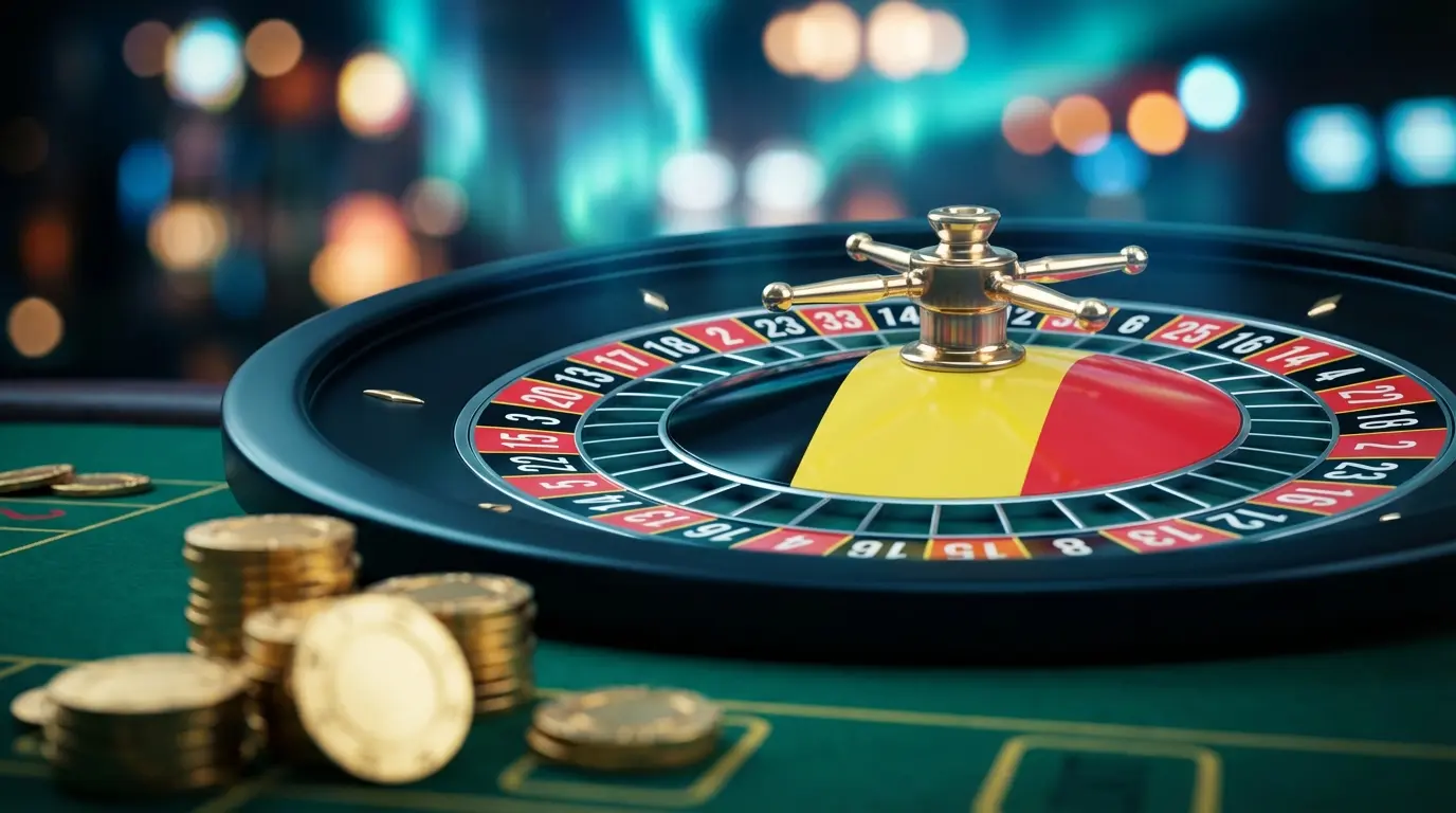 Roulette wheel with Belgian colors and casino chips on felt table