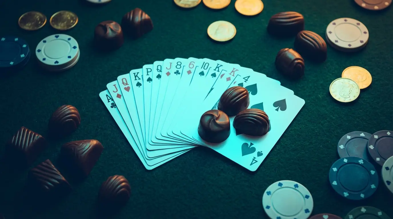 Playing cards with Belgian chocolates and casino chips from above