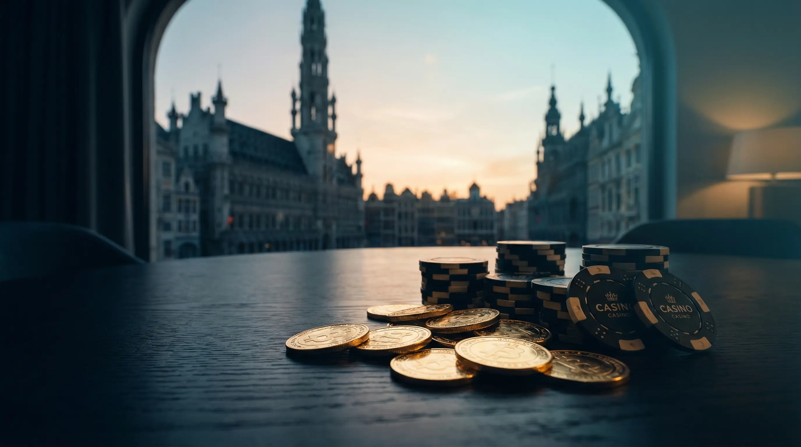Casino fiches met Brusselse architectuur op achtergrond
