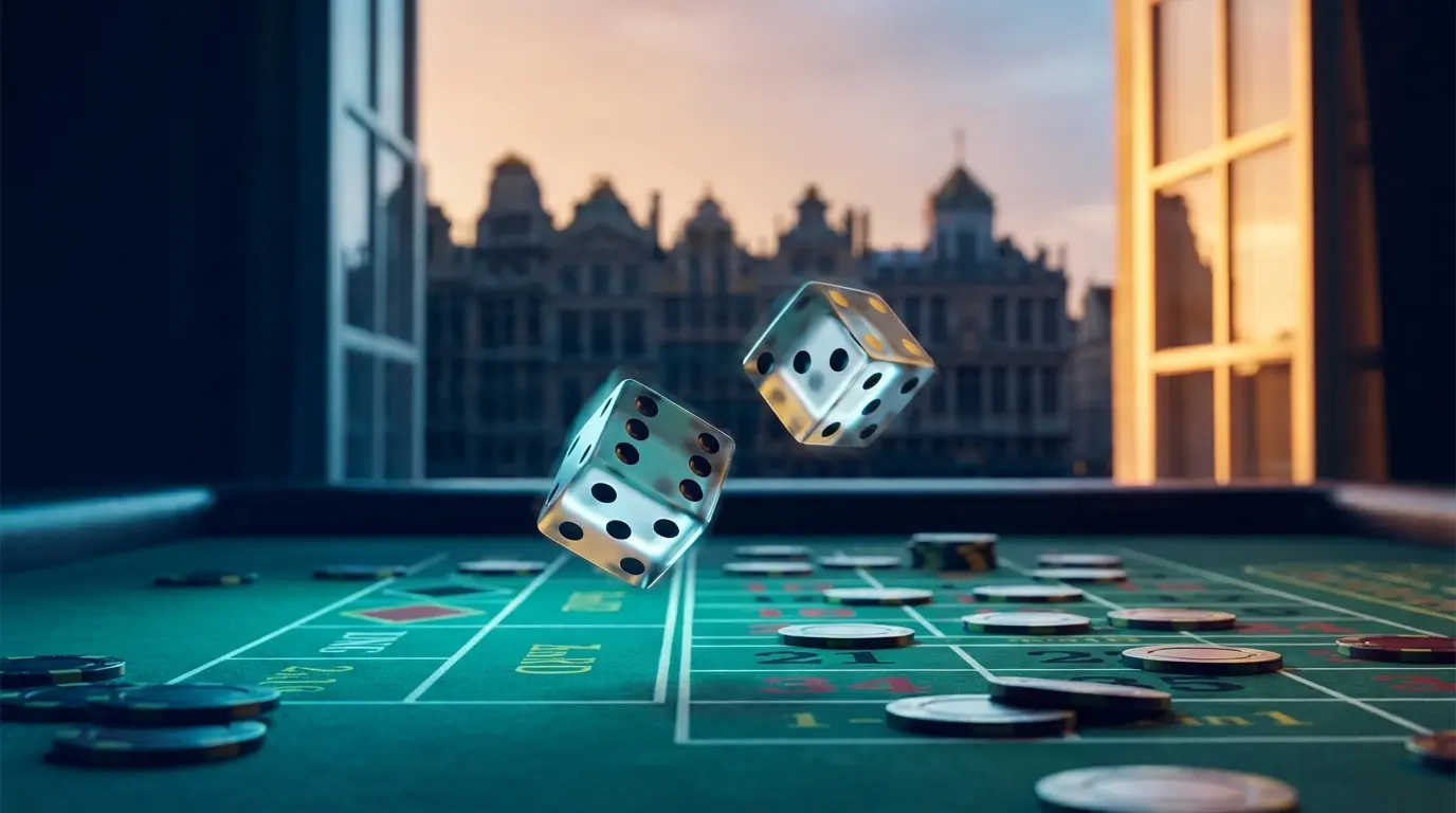 Casino dice rolling with Brussels landmark silhouette behind