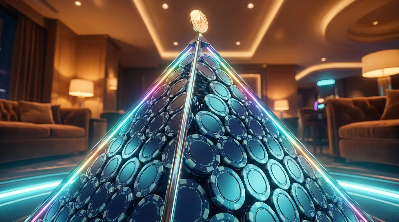 Towering stack of casino chips symbolizing growing jackpot