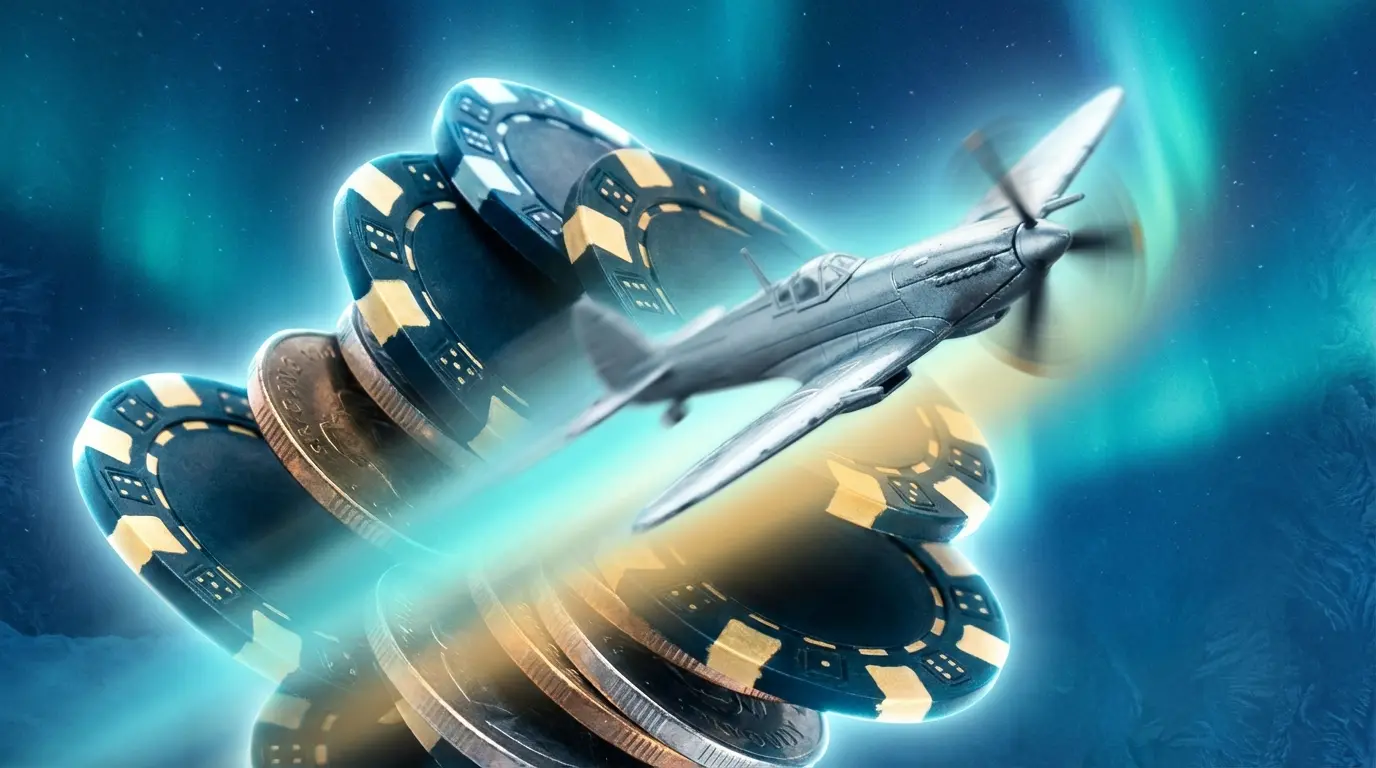 Miniature plane climbing through stacked gambling chips