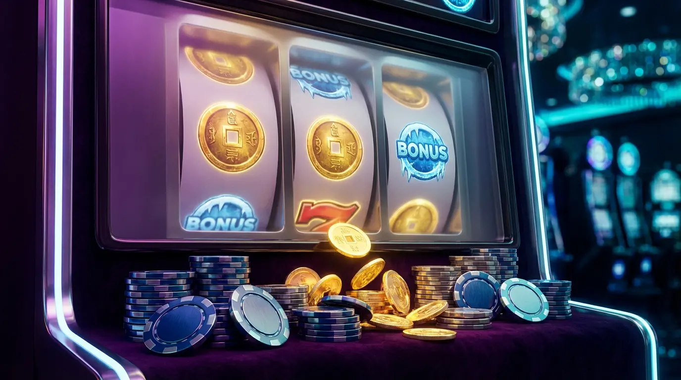Slot machine bonus round with cascading coins and chips