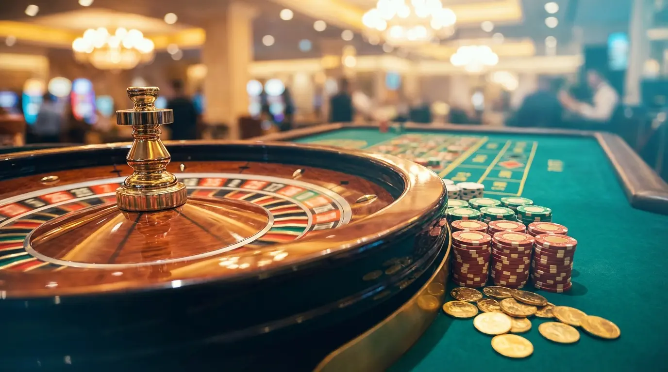 Casino roulette wheel with Bulgarian colored chips and golden coins