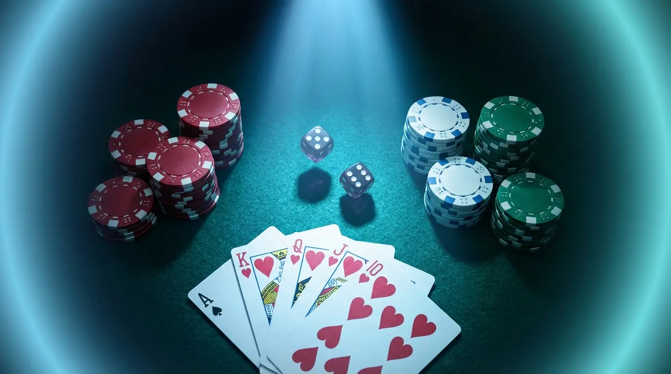 Casino gaming table with cards, chips and dice from above