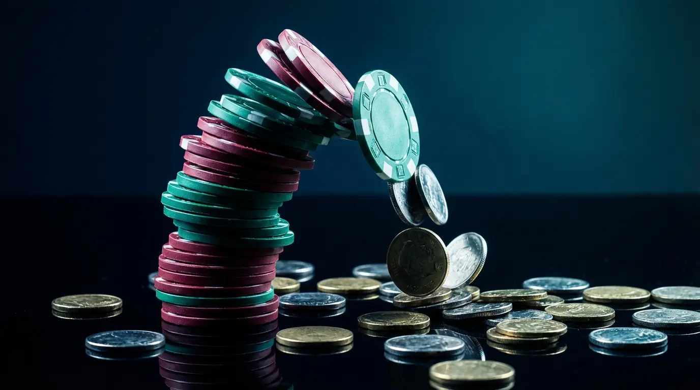 Collapsing tower of casino chips showing crash game risk