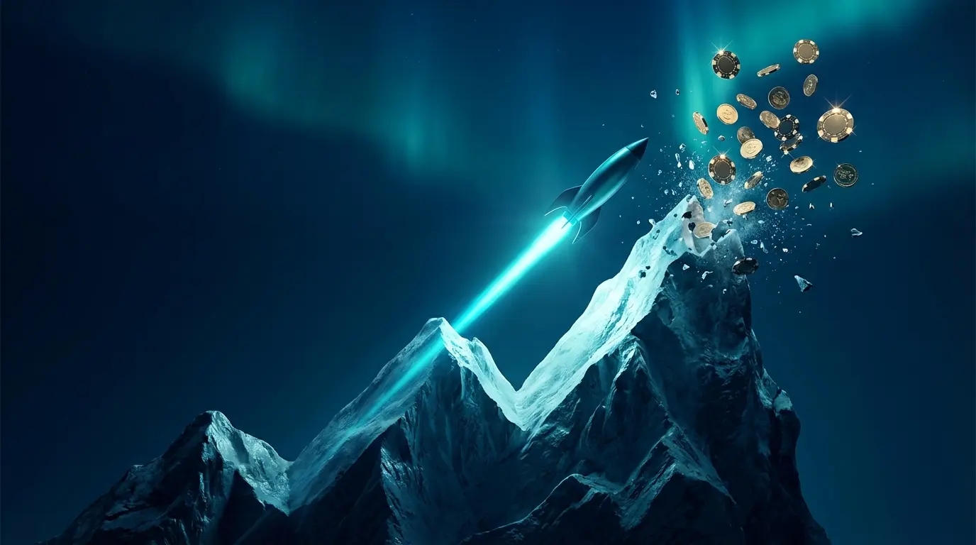 Rocket reaching peak before crash with scattered casino chips
