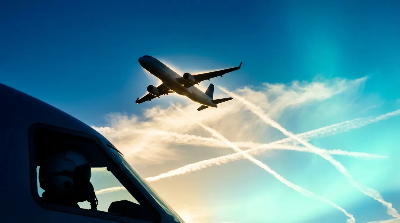 Aircraft climbing through clouds with pilot helmet silhouette