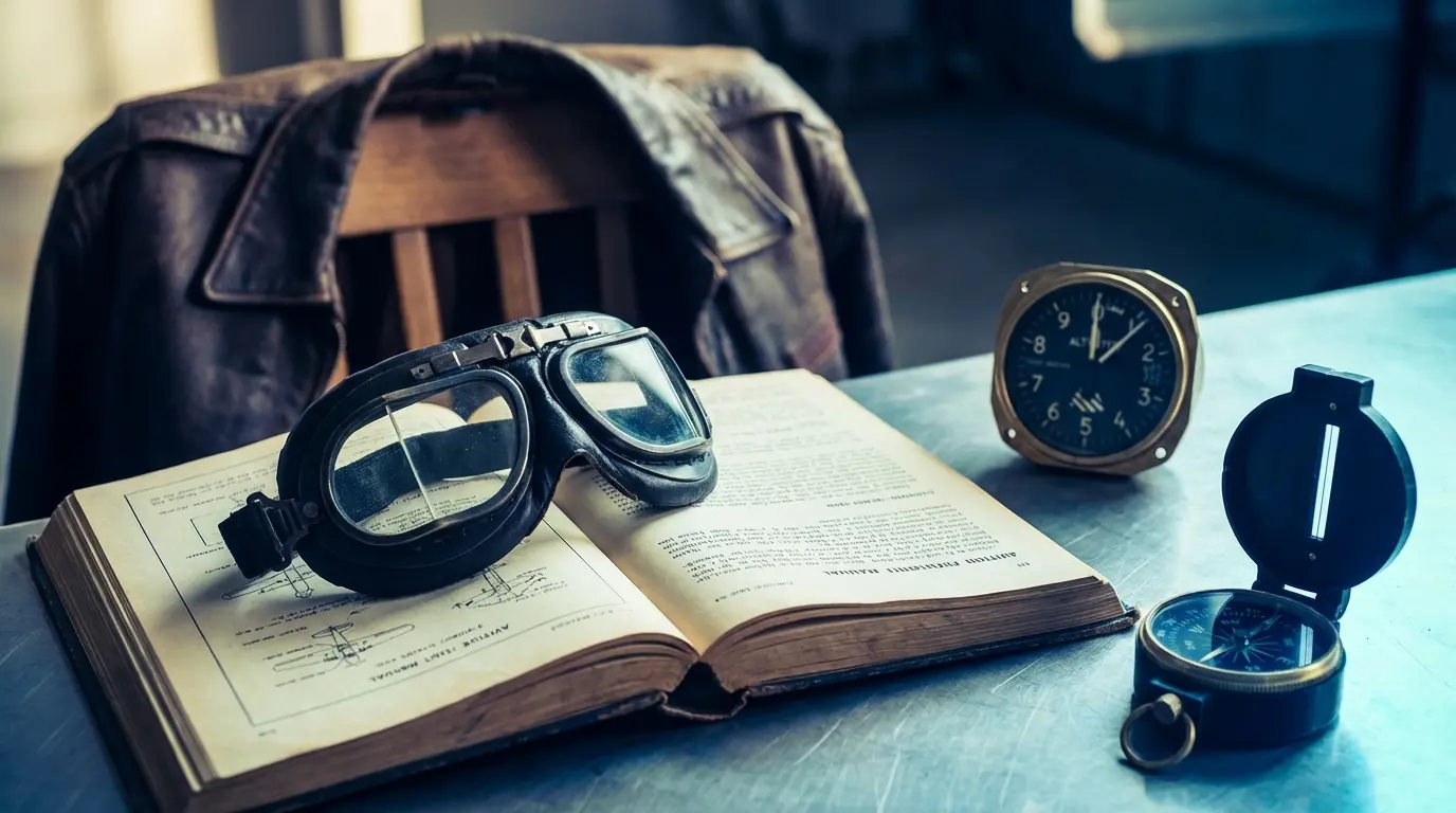 Aviator goggles with flight instruments and leather jacket