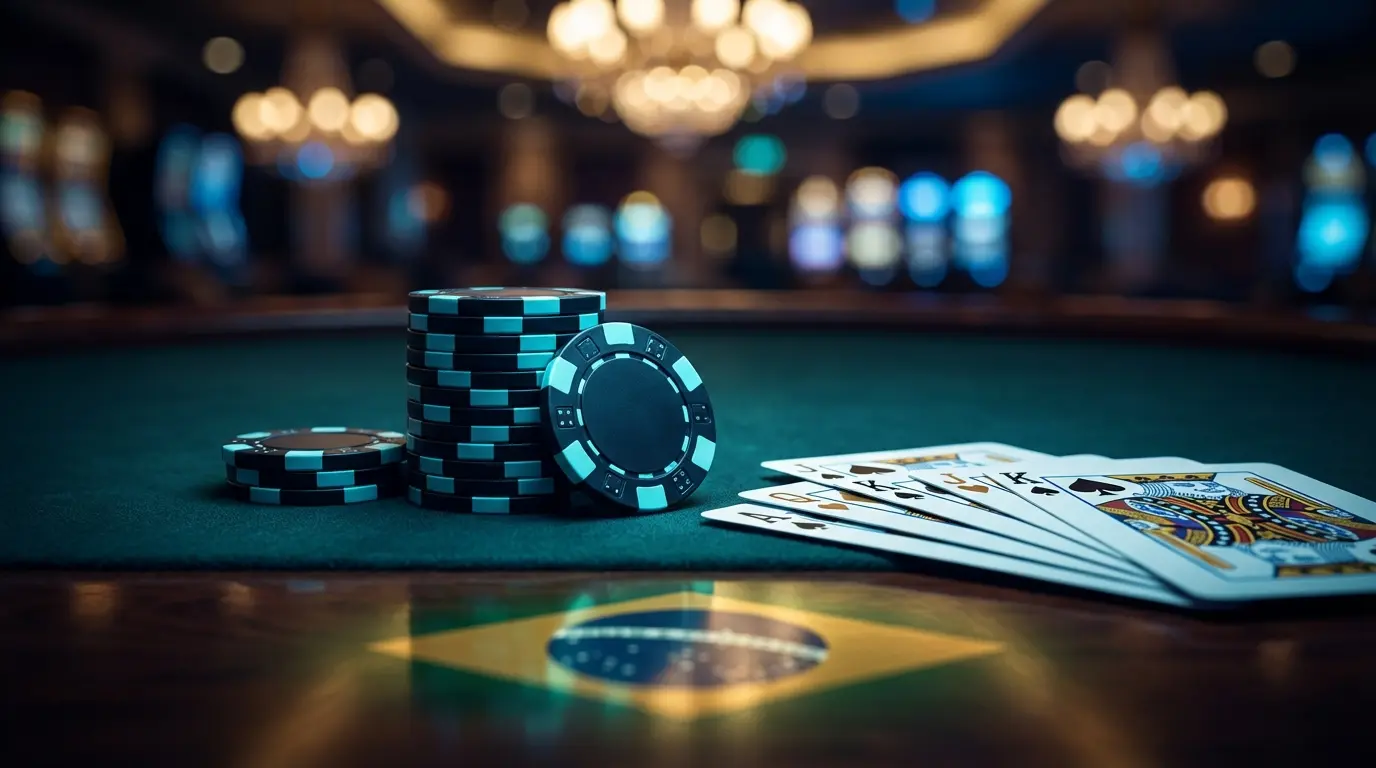 Casino chips and cards on green felt with Brazilian colors