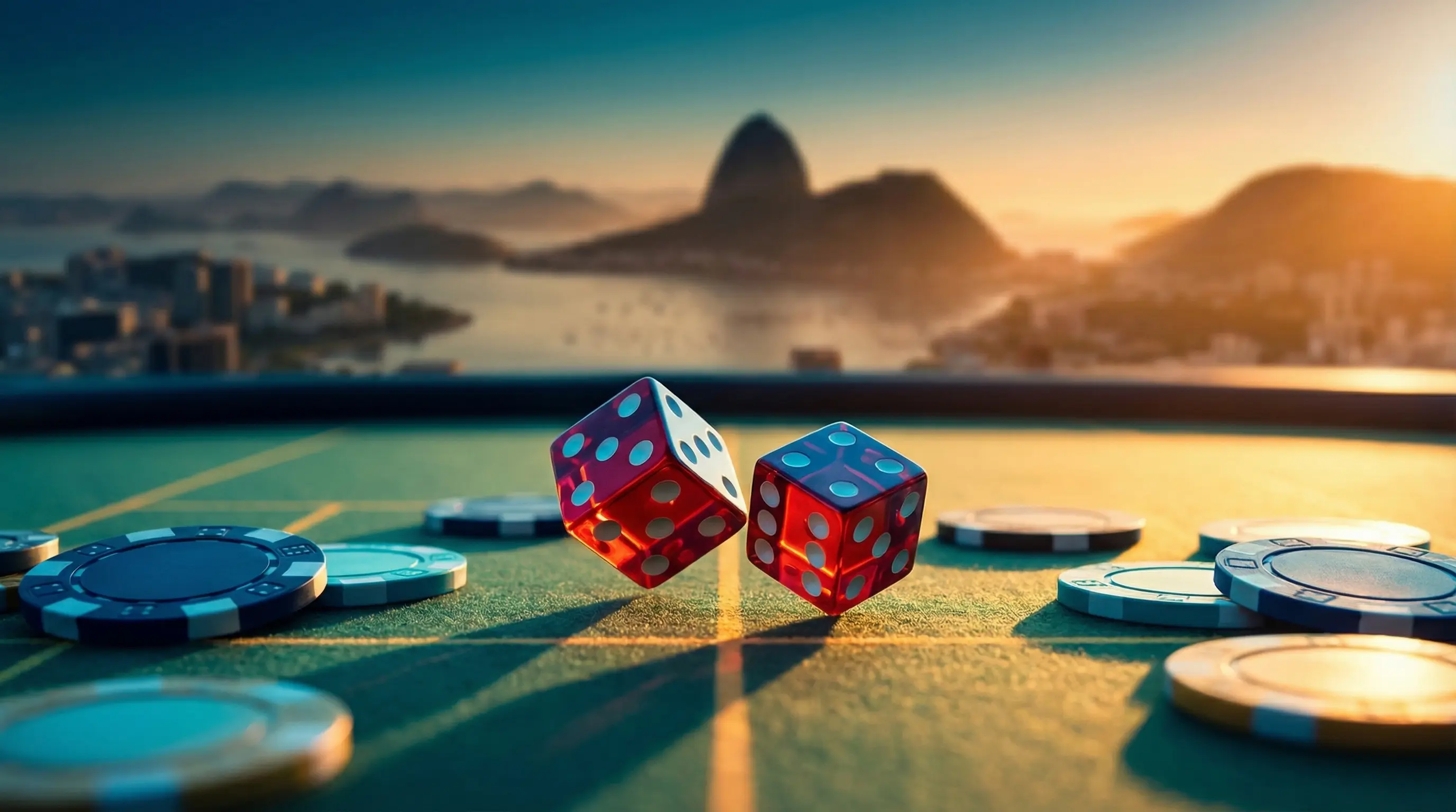 Dados de cassino com horizonte do Rio ao fundo