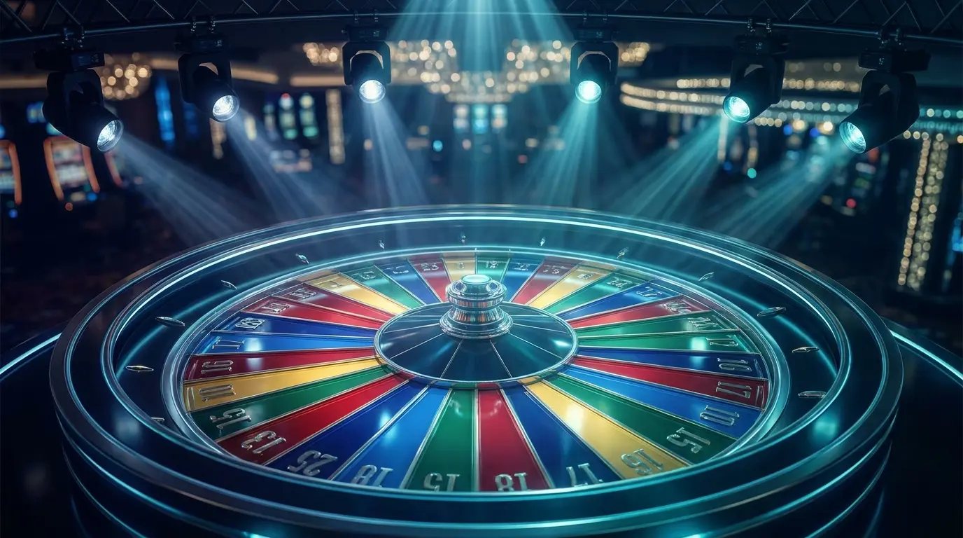 Roda colorida de game show com segmentos numerados iluminados