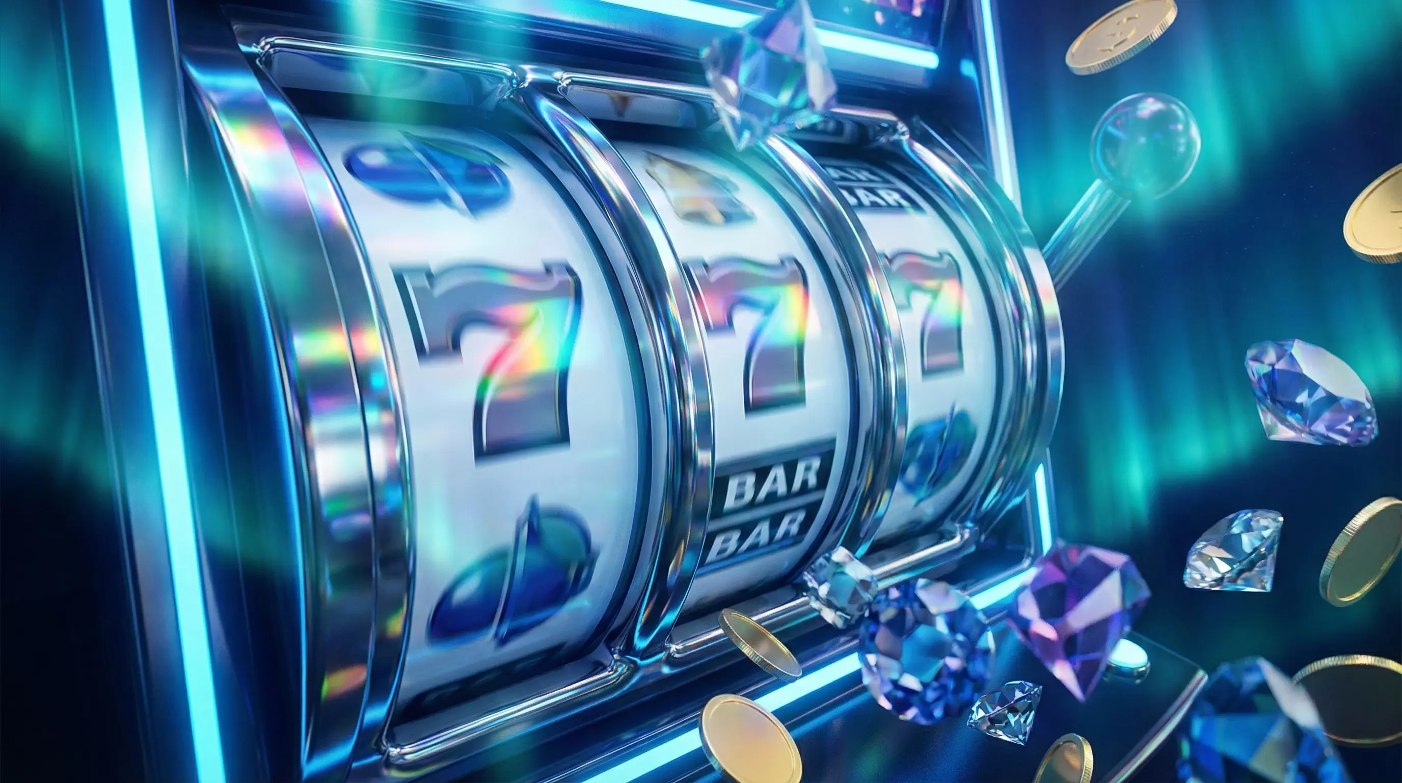 Rolos de slot machine com gemas e moedas em cascata